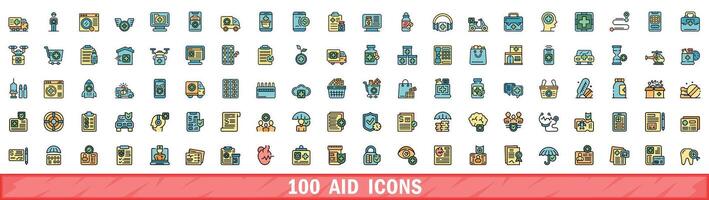 100 aid icons set, color line style vector