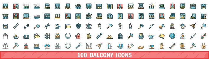 100 balcony icons set, color line style vector