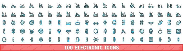 100 electronic icons set, color line style vector