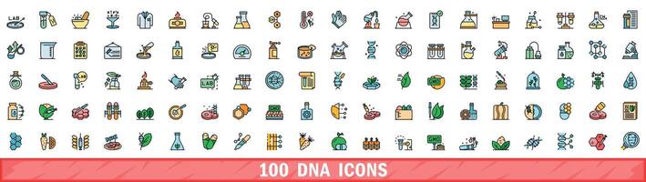 100 dna icons set, color line style vector