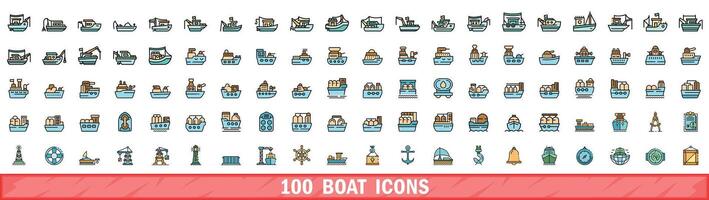 100 boat icons set, color line style vector