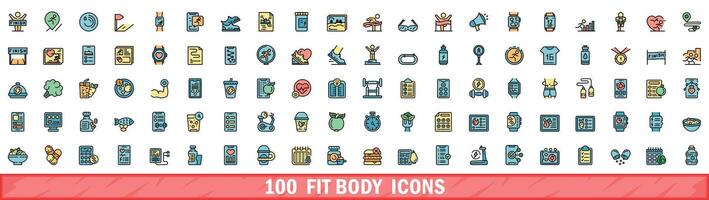 100 fit body icons set, color line style vector