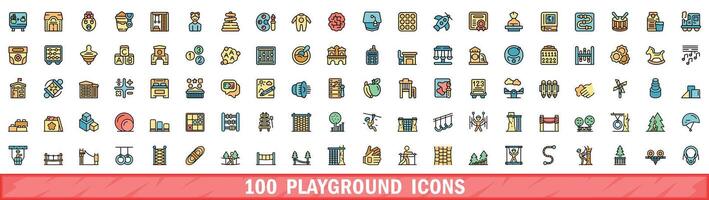 100 playground icons set, color line style vector