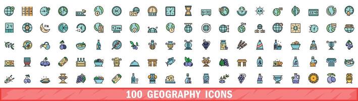 100 geography icons set, color line style vector