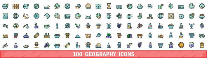 100 geography icons set, color line style vector