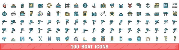 100 boat icons set, color line style vector