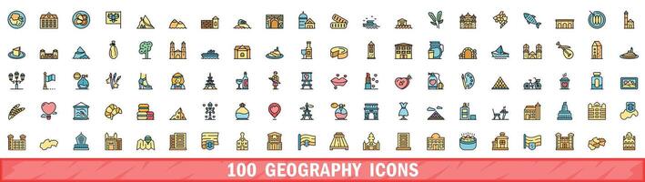 100 geography icons set, color line style vector