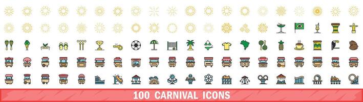 100 carnival icons set, color line style vector
