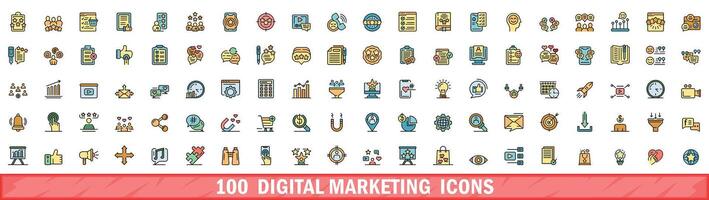 100 digital marketing icons set, color line style vector