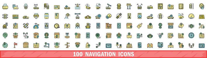 100 navigation icons set, color line style vector