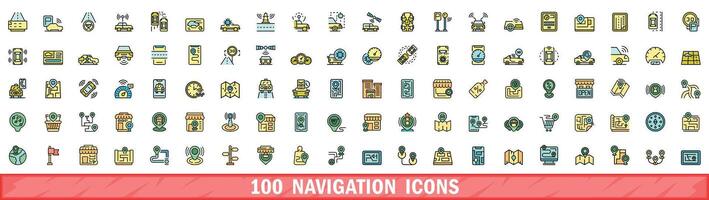 100 navigation icons set, color line style vector