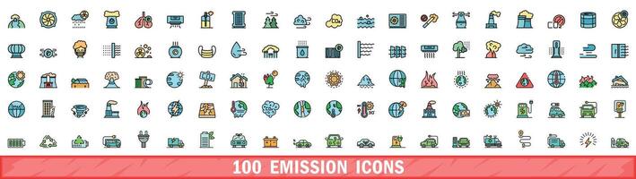 100 emission icons set, color line style vector