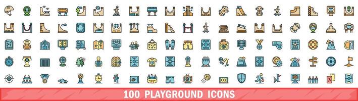 100 playground icons set, color line style vector