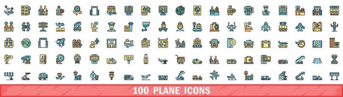 100 plane icons set, color line style vector