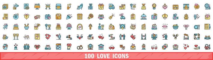 100 love icons set, color line style vector