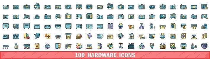 100 hardware icons set, color line style vector