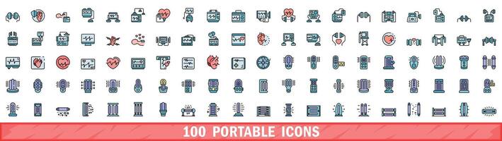 100 portable icons set, color line style vector