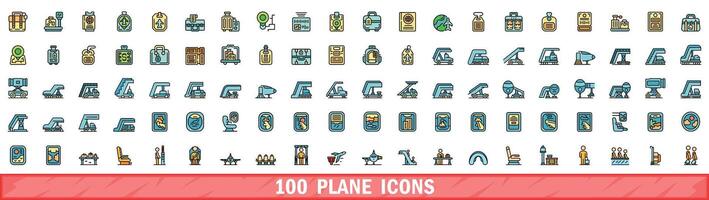 100 plane icons set, color line style vector