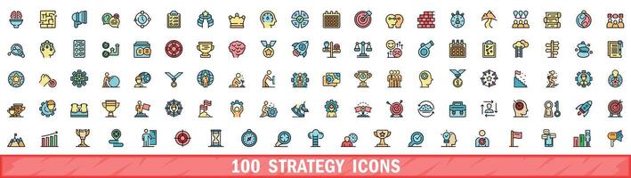 100 strategy icons set, color line style vector