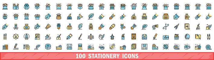 100 stationery icons set, color line style vector