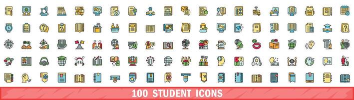100 student icons set, color line style vector