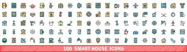 100 smart house icons set, color line style vector