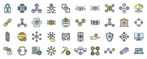 Block chain icons set color line vector