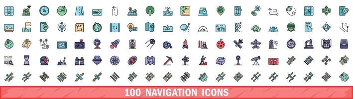 100 navigation icons set, color line style vector