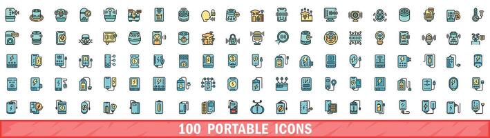 100 portable icons set, color line style vector