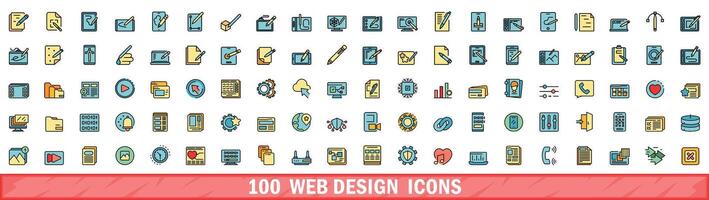 100 web design icons set, color line style vector