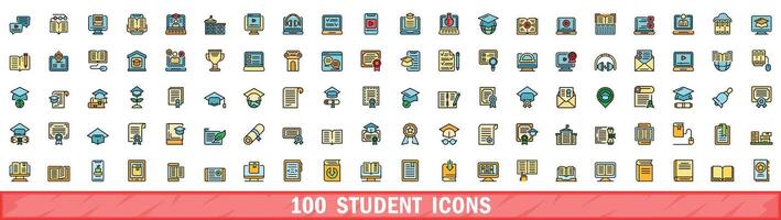 100 student icons set, color line style vector