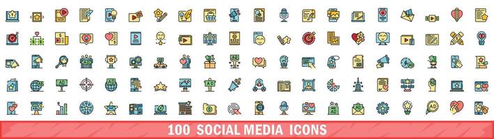 100 social medios de comunicación íconos colocar, color línea estilo vector