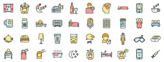 Sleep problems icons set color line vector