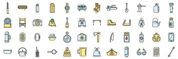Equipment for hike icons set color line vector