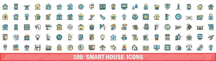 100 smart house icons set, color line style vector