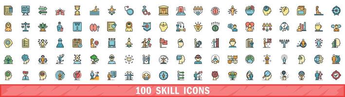 100 skill icons set, color line style vector