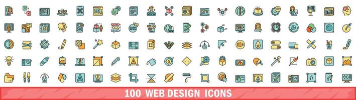 100 web design icons set, color line style vector