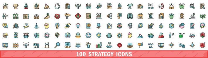 100 strategy icons set, color line style vector