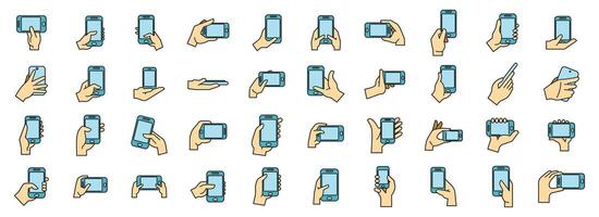 Hand holding phone icons set color line vector