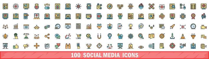 100 social medios de comunicación íconos colocar, color línea estilo vector