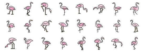 Flamingo icons set color line vector