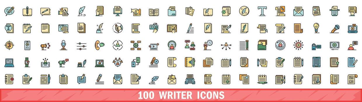 100 escritor íconos colocar, color línea estilo vector