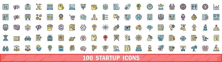 100 startup icons set, color line style vector