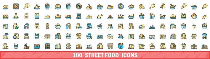 100 street food icons set, color line style vector