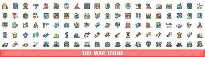 100 war icons set, color line style vector