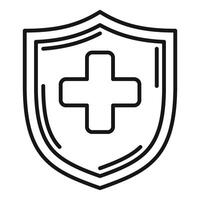 Black outline icon of a shield with a medical cross, symbolizing health protection and safety vector