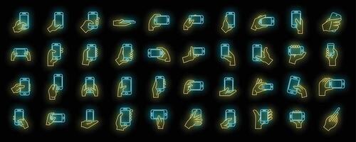 Hand holding phone icons set neon vector