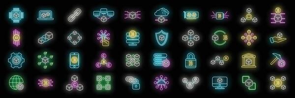 Block chain icons set neon vector