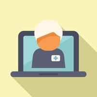 Flat design of a healthcare professional offering virtual consultation on a laptop screen vector