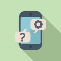 Flat design graphic of a smartphone with a cogwheel and question mark bubble, representing technical support vector